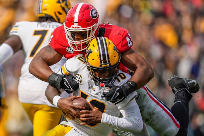 Nov 6, 2021; Athens, Georgia, USA; Georgia Bulldogs defensive lineman Travon Walker (44) sacks Missouri Tigers quarterback Tyler Macon (10) during the second half at Sanford Stadium. Mandatory Credit: Dale Zanine-USA TODAY Sports